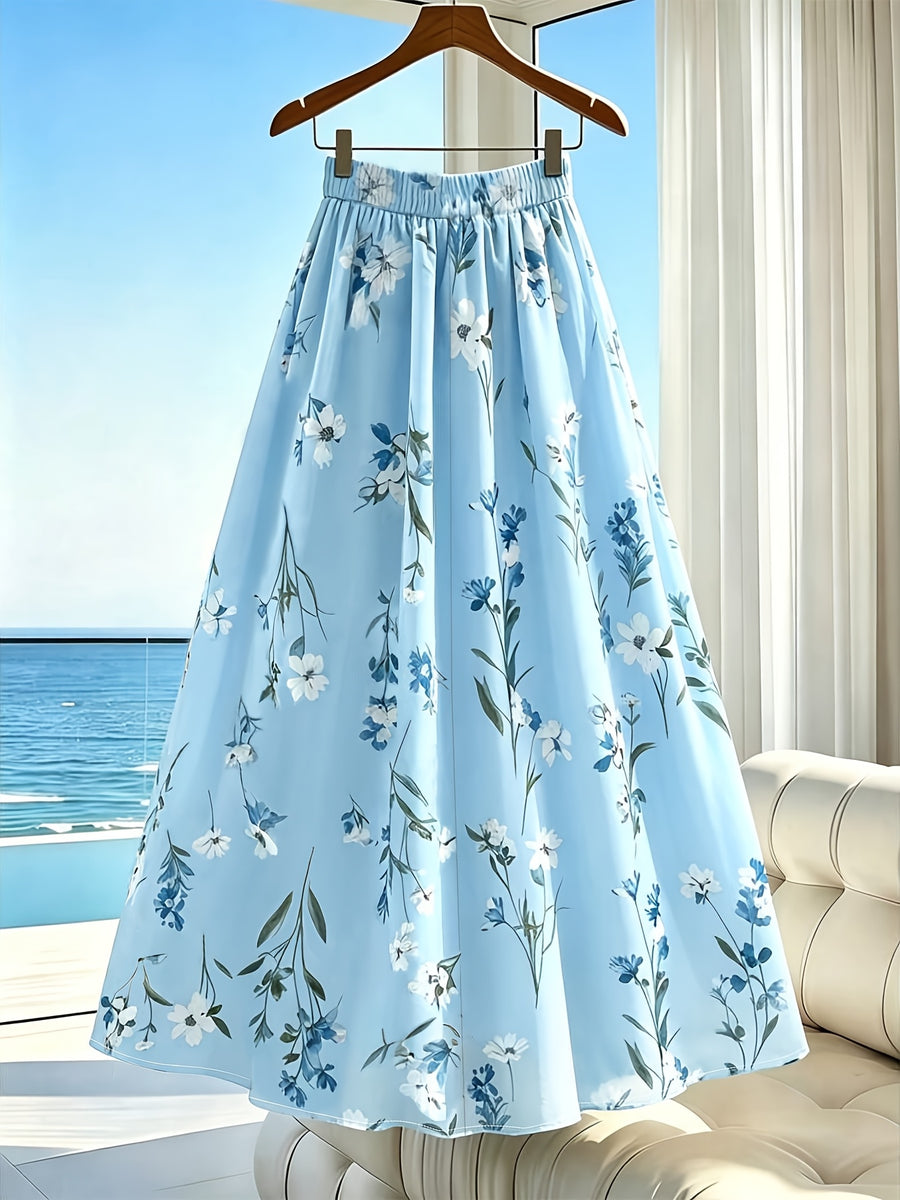 Women'S Elegant And Delicate Floral Dress, High-Waist Ruched Style Elegant Girly Long Dress, Elastic Waist Design, Summer Bohemian Style Beach Vacation Party Dress - Mixed colors