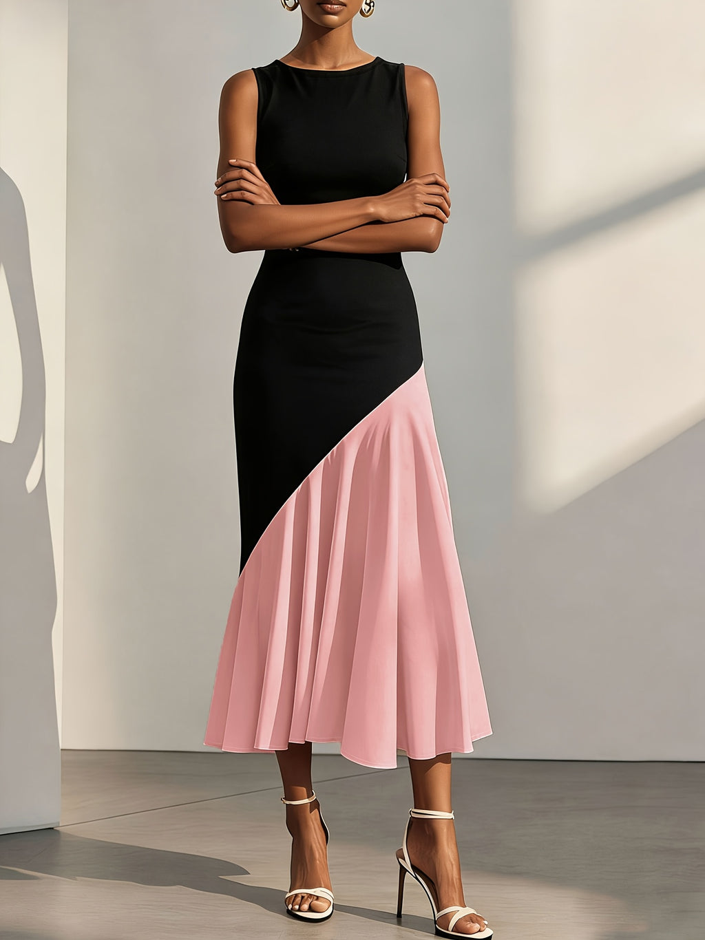 Women'S Summer Round Neck Elegant Sleeveless Two-Tone Dress, Asymmetrical Cut Design, Formal Gown, Bridesmaid Dress, Suitable for Wedding Season, Evening Parties, Casual Wear, Contrast Dress - Black Pink