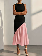 Women'S Summer Round Neck Elegant Sleeveless Two-Tone Dress, Asymmetrical Cut Design, Formal Gown, Bridesmaid Dress, Suitable for Wedding Season, Evening Parties, Casual Wear, Contrast Dress - Black Pink