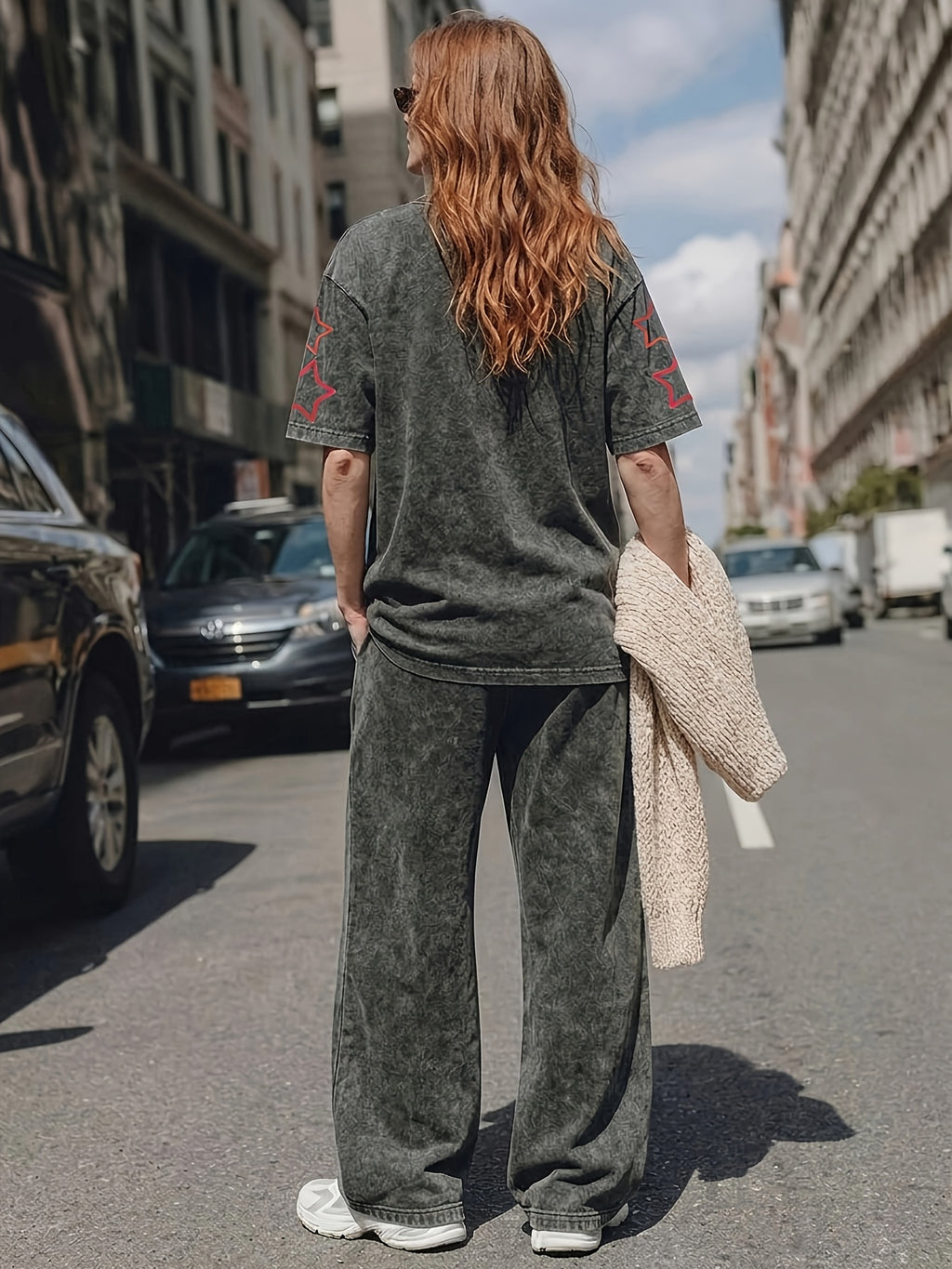 Trendy "Los Angeles" 23 Number Print New Spring/Summer Casual Jersey Sportswear, Street Sport Style Crew Neck Short Sleeve T-Shirt and Long Pants 2pcs Set, Washed Outfit, American Street Academic Style - Black