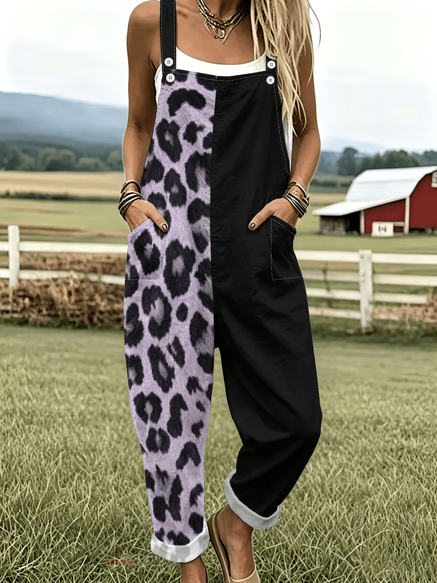 Retro-Style Sexy Overalls with Half Leopard Print And Half Black Patchwork Design, Women'S Wide-Leg Jumpsuit with Fold-Up Cuffs And Pockets, Perfect for Everyday Wear, Outings, And Workwear - Black And Purple Stitching