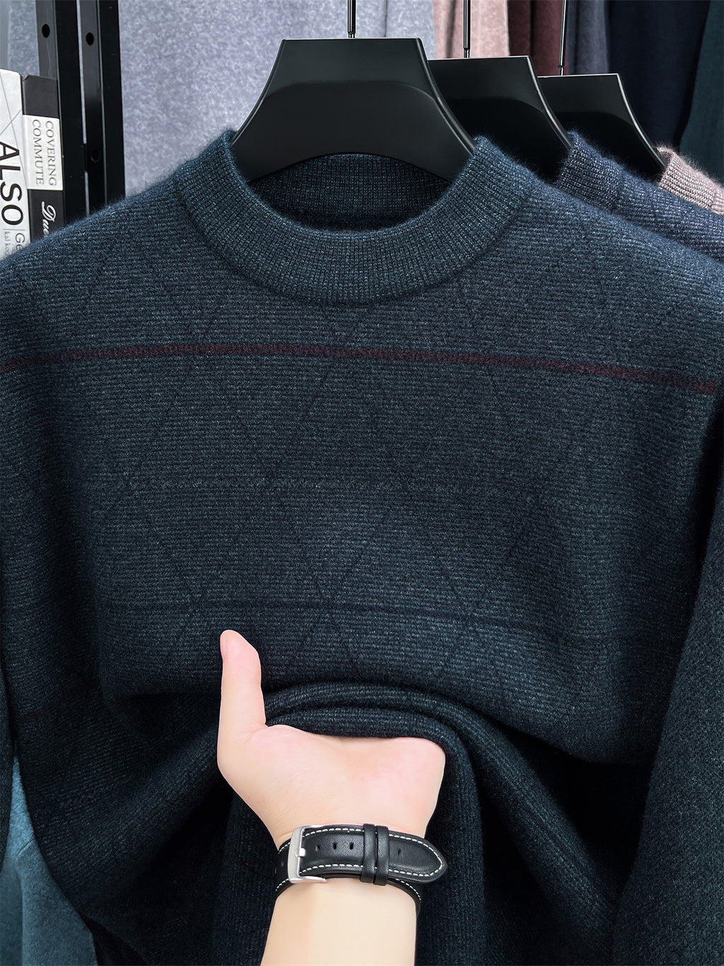 Autumn Winter Knit 3D Solid Round Neck Sweater, Basic Knit Pullover Top, Men'S Fashion Long Sleeve Sweater, Size All - Green