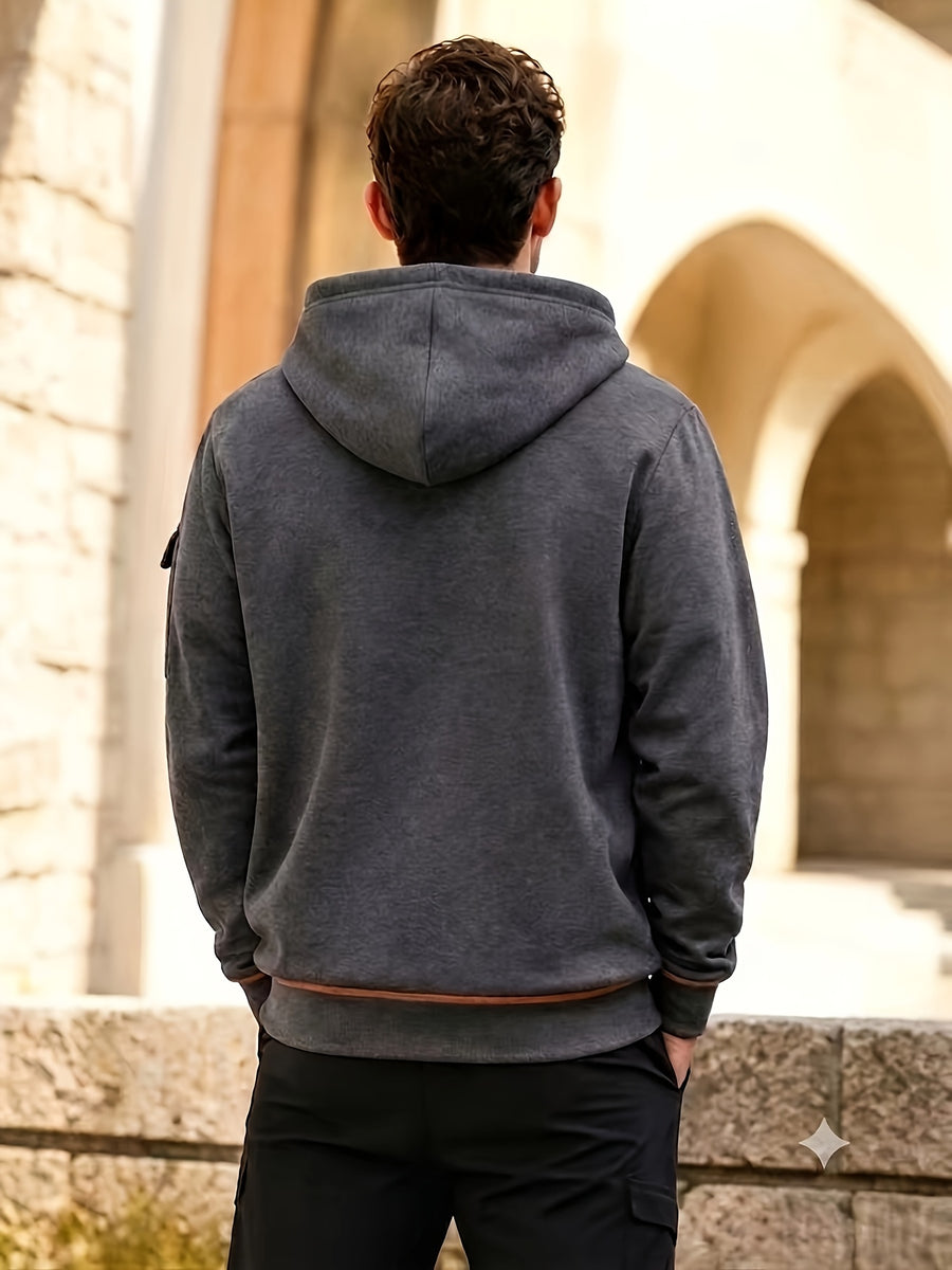 Men's Full Zip Hoodie, Contrast Color Hooded Sweatshirt with Cargo Pockets, Casual, Comfortable, Versatile Fall Winter Jacket - Dark Gray