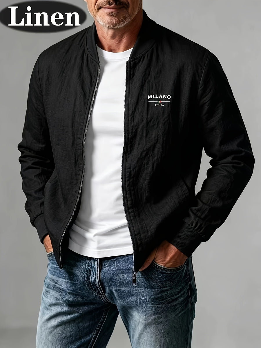 Spring Summer Linen Washed Pleated Baseball Collar Jacket Men'S MILANO Letter Print Thin Breathable Coat Middle-Aged Dad Loose Zipper Cardigan Multi-Color Versatile Commute Casual Outerwear Baseball Uniform Top, Transitional Bomber Jacket - Black