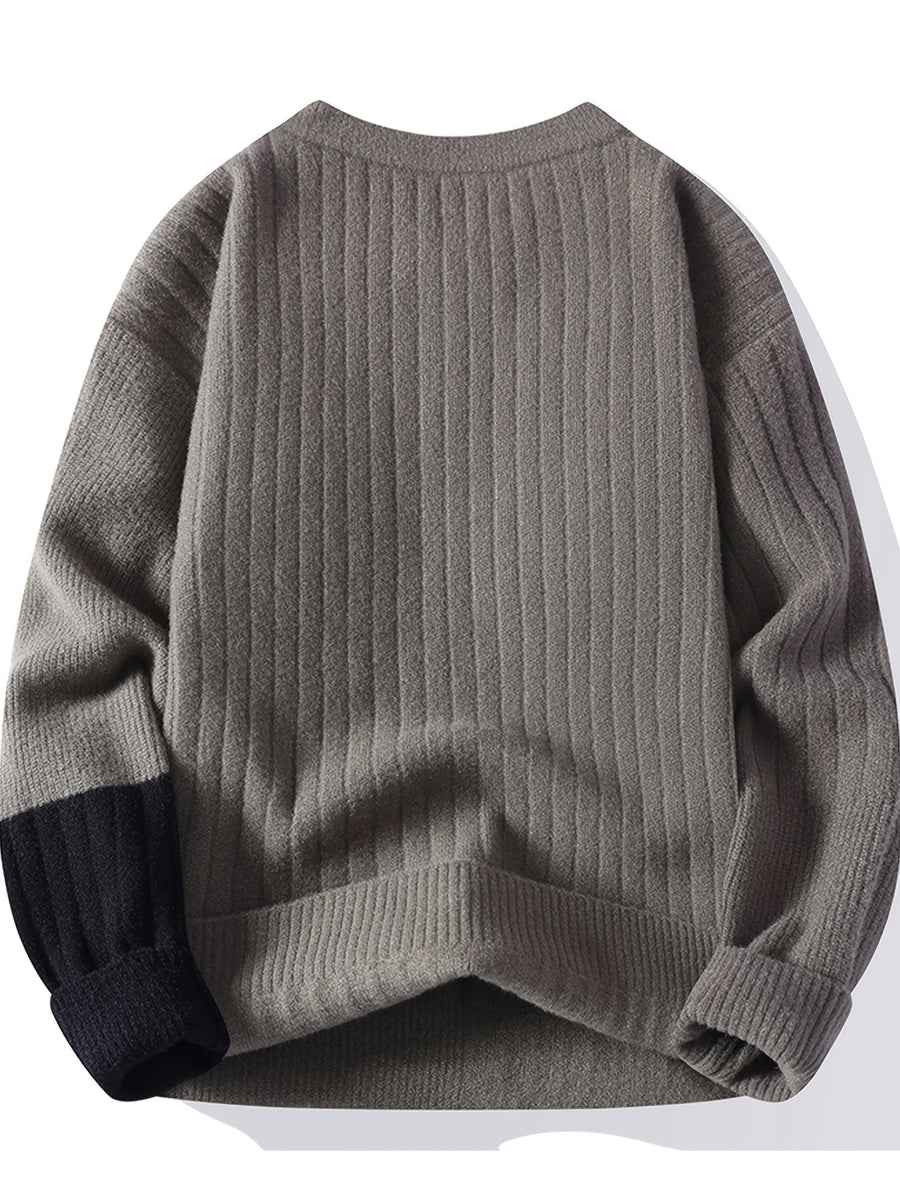 Men's Crew Neck Color Block Sweater, New Autumn/Winter Casual Knitwear, Trendy Spliced Pullover, Warm Base Layer Top - Khaki