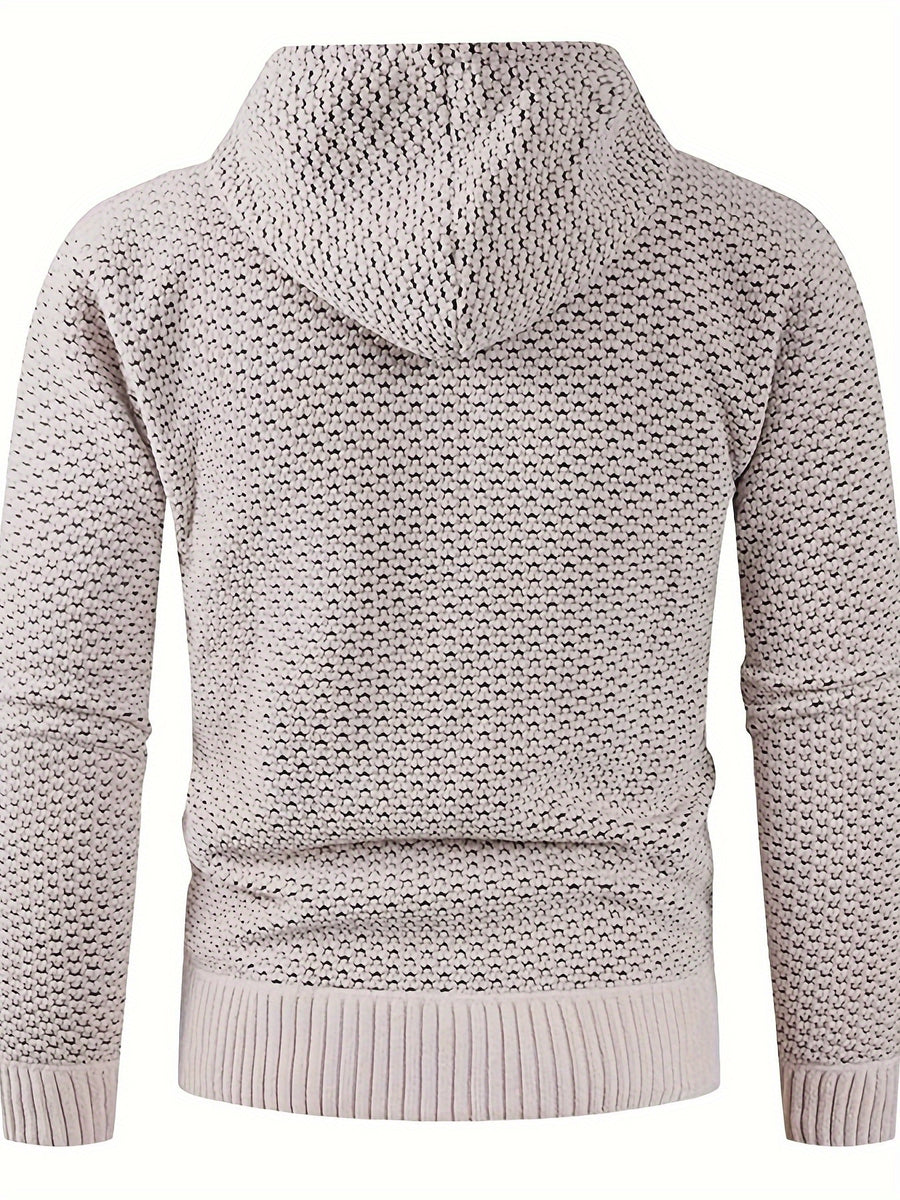 Solid Color Men'S Autumn And Winter New Style Men'S Coarse Yarn Knitted Long Zipper Cardigan Long Sleeved Hooded Drawstring Fashionable Casual Business Versatile with Thick Velvet Insulation Pocket Sports Vitality Elastic Jacket - Off-white