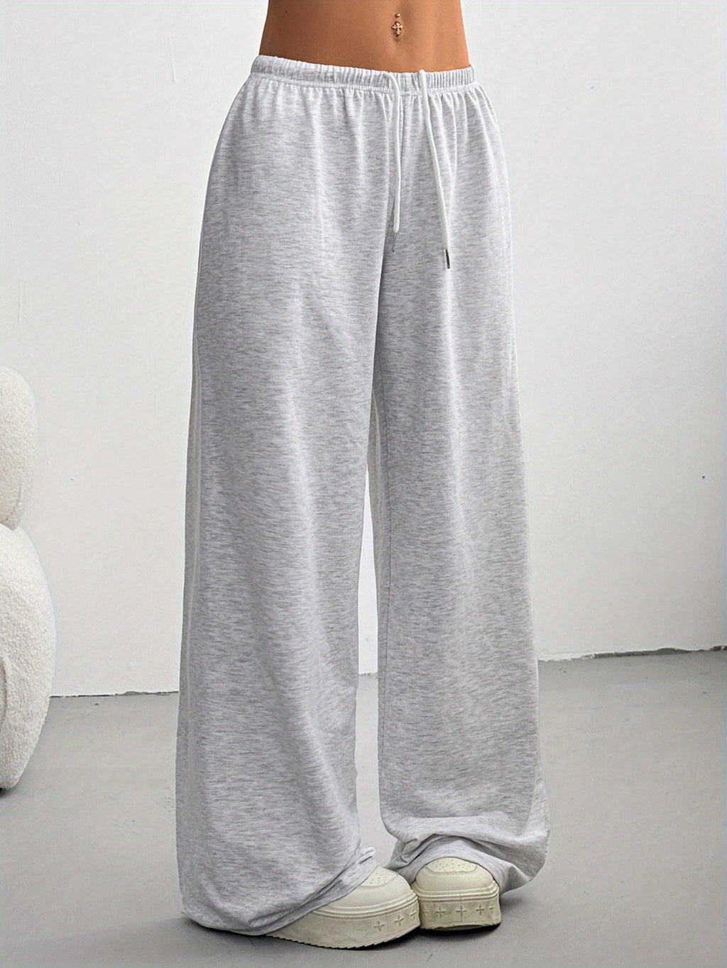 Women'S Summer Easy Front-Tie Loose Pants, Casual Daily Wear - Light Grey