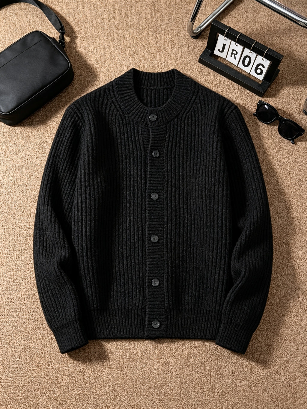 Men'S Round Neck Button-Up Knit Pullover, Ribbed Texture Long Sleeve Sweater Jacket, Casual Loose Outerwear Winter Clothes for Men - Black