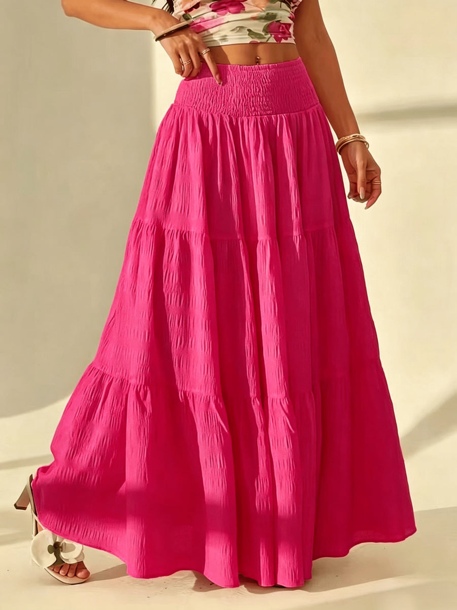 Bohemian Tiered Maxi Skirt, High-Waist Smocked A-Line Flowy Long Skirt, Casual Loose Pleated Solid Color Skirt for Beach Vacation Daily Wear, Women'S Fashion - Dark Pink