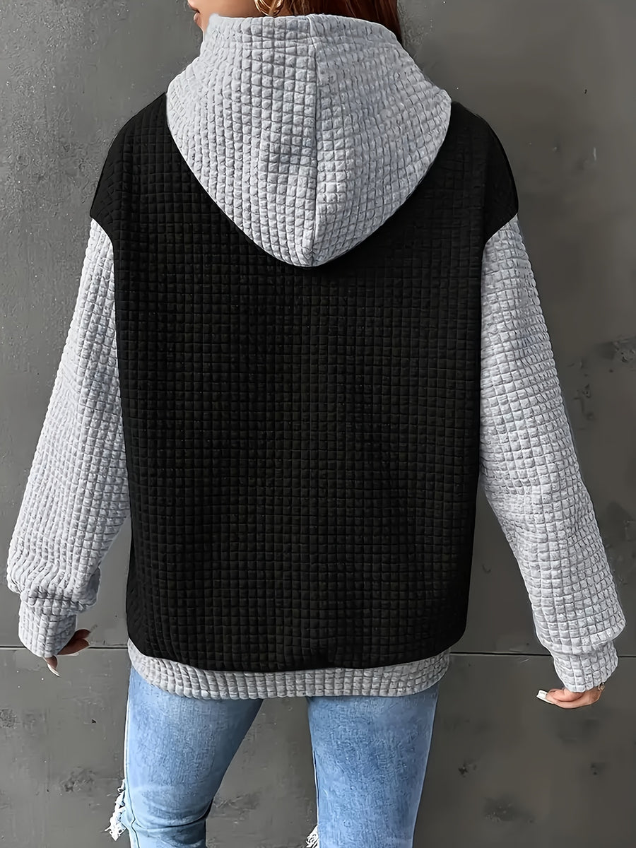 Women's Casual Oversized Hoodie with Checkered Texture & Letter Print, Kangaroo Pocket, Long Sleeve Loose Fit Sweatshirt for Fall Winter, Machine Washable, Fall Fashion, Relaxed Style, Comfortable Texture, Print Sweatshirt, Cozy Wear - Black