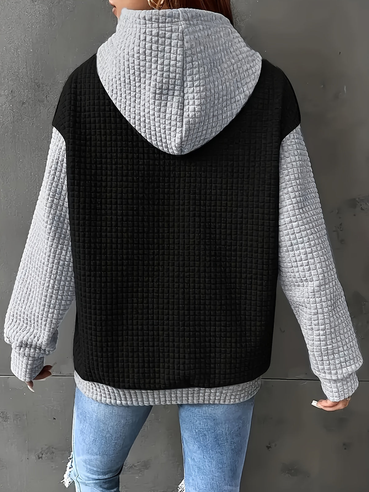 Women's Casual Oversized Hoodie with Checkered Texture & Letter Print, Kangaroo Pocket, Long Sleeve Loose Fit Sweatshirt for Fall Winter, Machine Washable, Fall Fashion, Relaxed Style, Comfortable Texture, Print Sweatshirt, Cozy Wear - Black