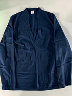 Men's Stand-Up V-Neck Half-Open Placket Linen Long-Sleeve Shirt, Solid Color Basic Style, Suitable for Beach Vacations, Daily Outings, and Casual Gatherings, Can Be Worn Alone or as an Inner Shirt - Navy Color