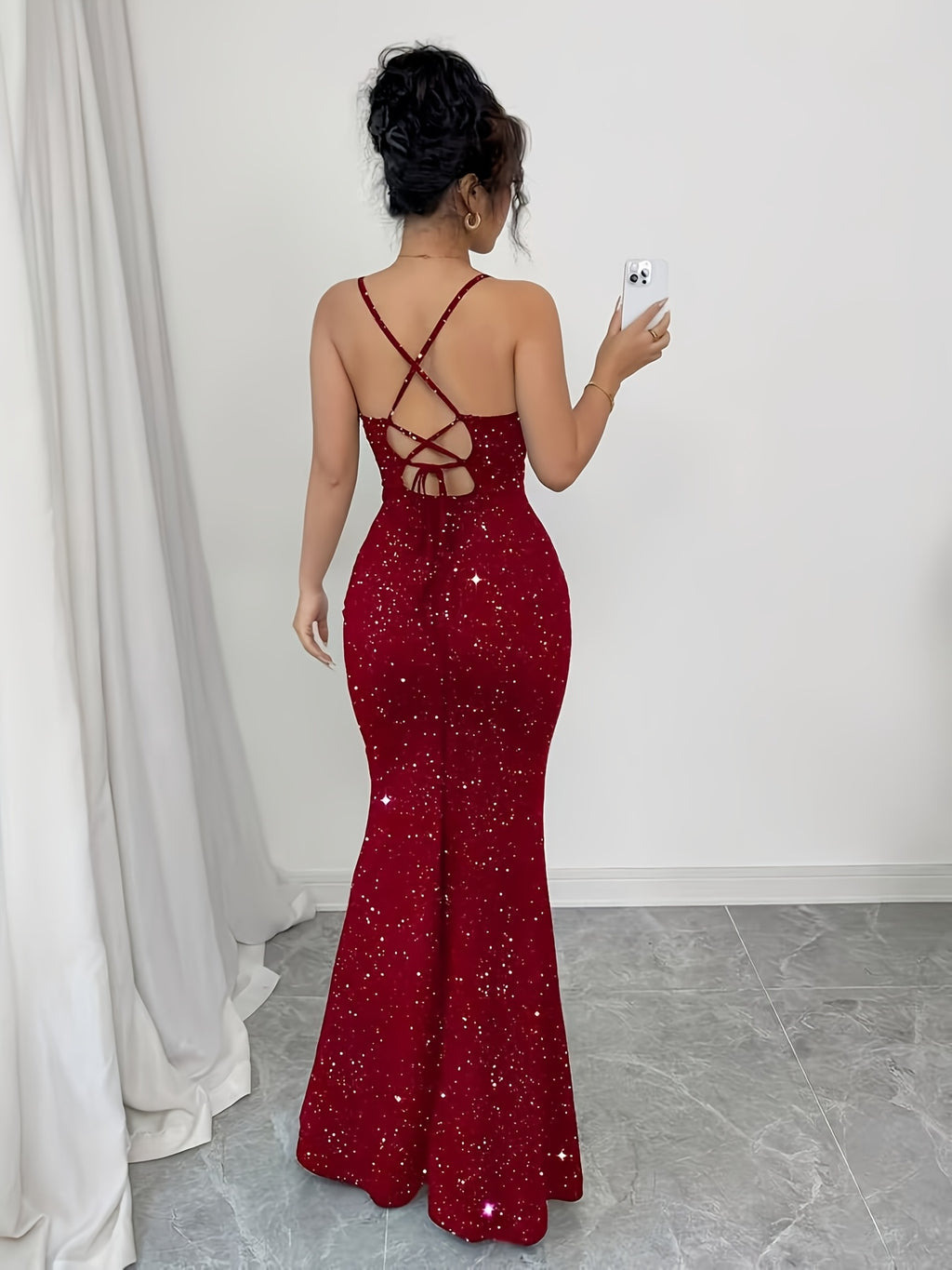 Women's Sparkling Strapless Backless Mermaid Gown for Formal Occasions - Burgundy
