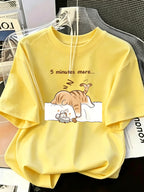 Plus Size - Plus Size - Women'S Summer Round Neck Short Sleeve T-Shirt, "Sleeping Cat" English Letter Print, Suitable for Summer, Beach, Street, Daily, Work, Office Party, Outing, Carnival, Music Festival, Valentine'S Day - Yellow