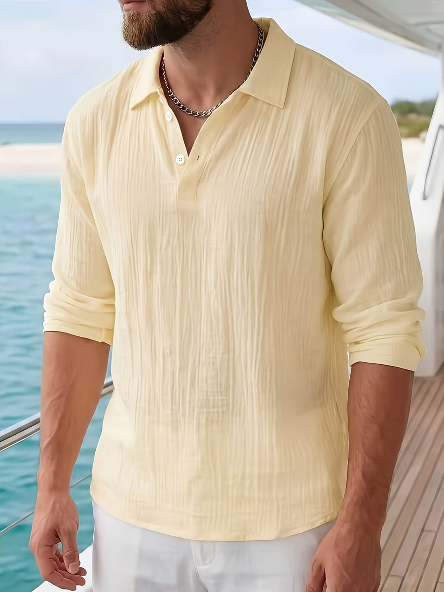 Men'S Solid Color Henley Shirt - Long Sleeve, Breathable Classic, Fashionable And Comfortable, Suitable for Various Occasions - Apricot