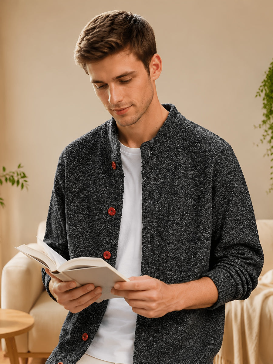 [Wading Whale OBM] Autumn Winter New Men'S Knit Cardigan, Old Money Style Solid Color Striped Single-Button Open Front Round Neck Sweater for Business Casual Fashion, Suitable for Spring, Autumn, Winter Layering Or Outerwear, Fits Daily Casual - Dark Gray