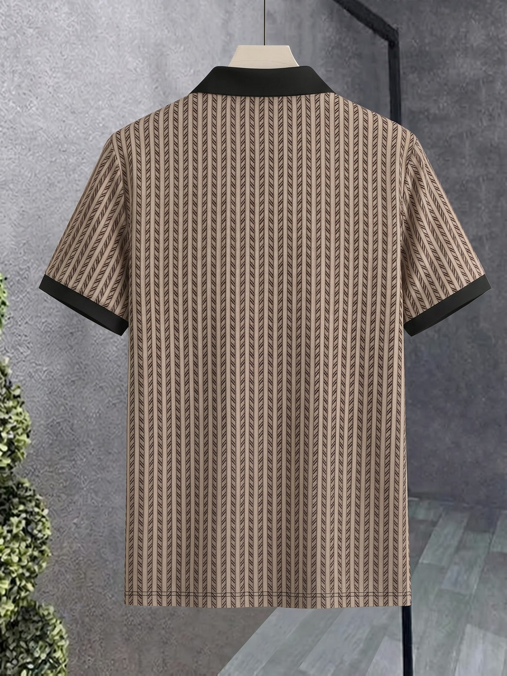 Men's Breathable Short-Sleeve Polo Shirt with Contrast Lapel Collar & Button-Up Collar - Striped Button Placket, Suitable for Casual, Business, Commuting - Machine Washable Summer Top for Daily Wear, Office & -Casual Outfits - Khaki Color