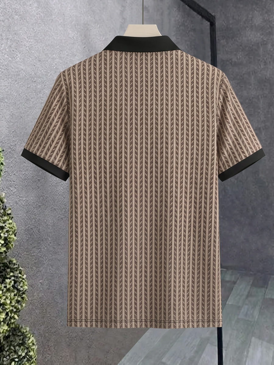 Men's Breathable Short-Sleeve Polo Shirt with Contrast Lapel Collar & Button-Up Collar - Striped Button Placket, Suitable for Casual, Business, Commuting - Machine Washable Summer Top for Daily Wear, Office & -Casual Outfits - Khaki Color