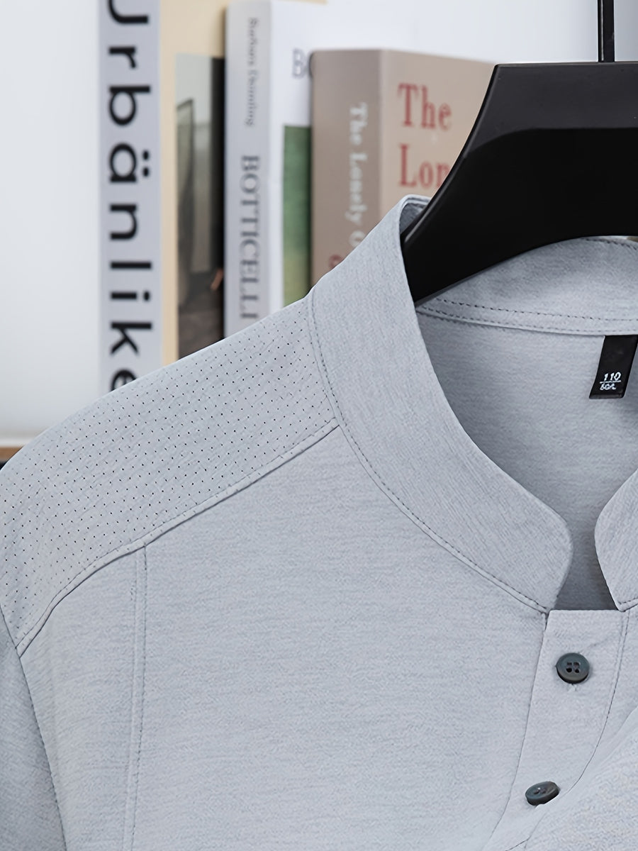Stand-up Collar Youth Summer Short-sleeve New Style Half-sleeve Top, Pullover Outerwear, Solid Color Versatile Garment - Grey