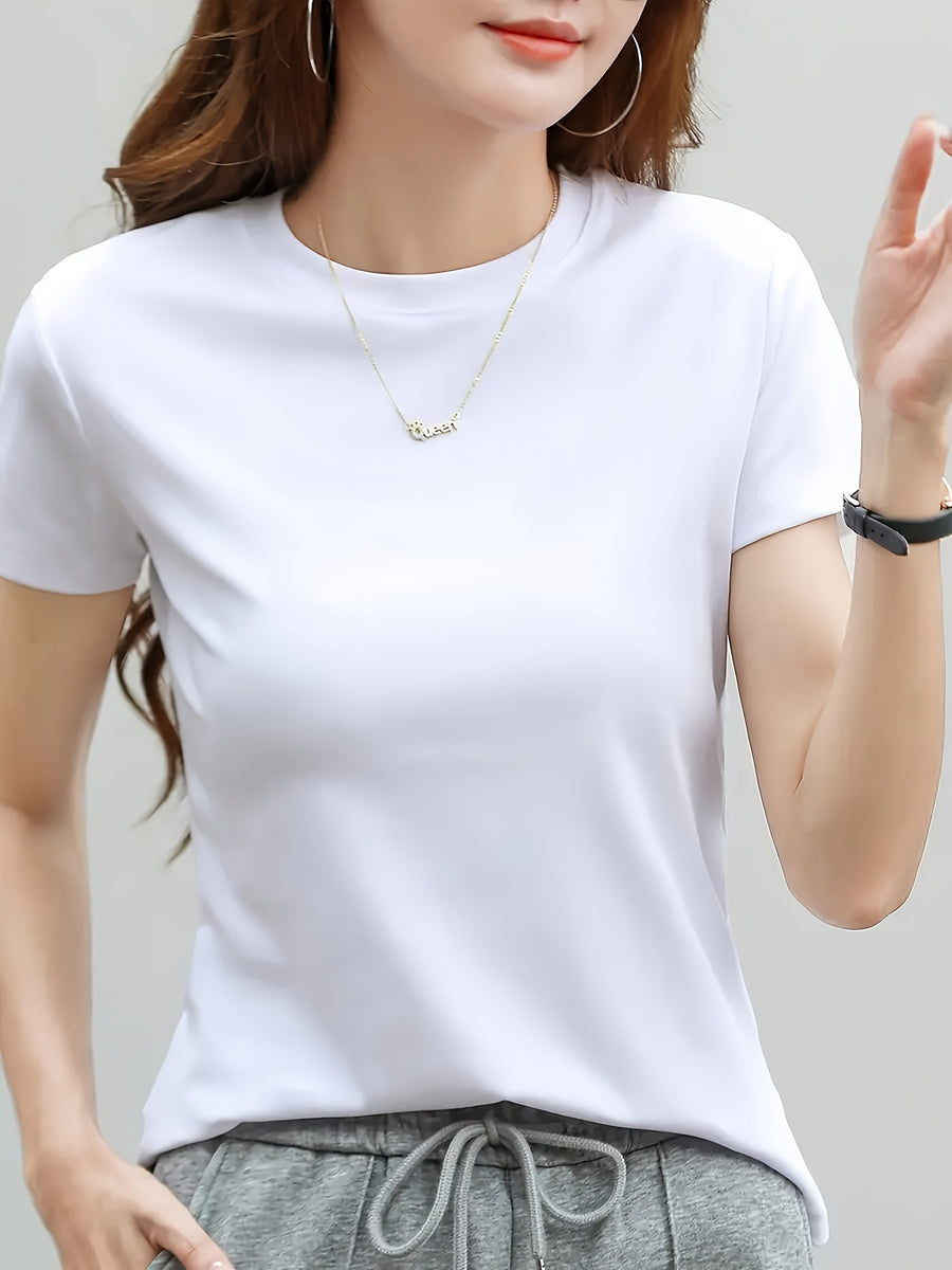Women'S Fashionable Solid Color Round Neck Short Sleeved Top - White