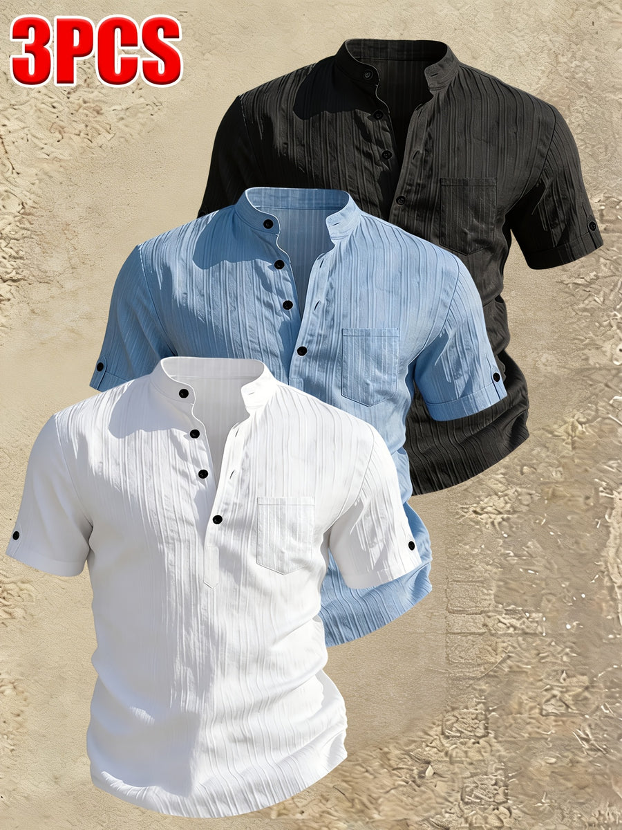 Men's Stand Collar Henley Short Sleeve Shirt 3pcs, Vertical Stripe Texture Half-Button with Pocket Top, Summer Breathable Casual Vacation 3pcs Versatile Men's Shirt Set - Black+blue+white