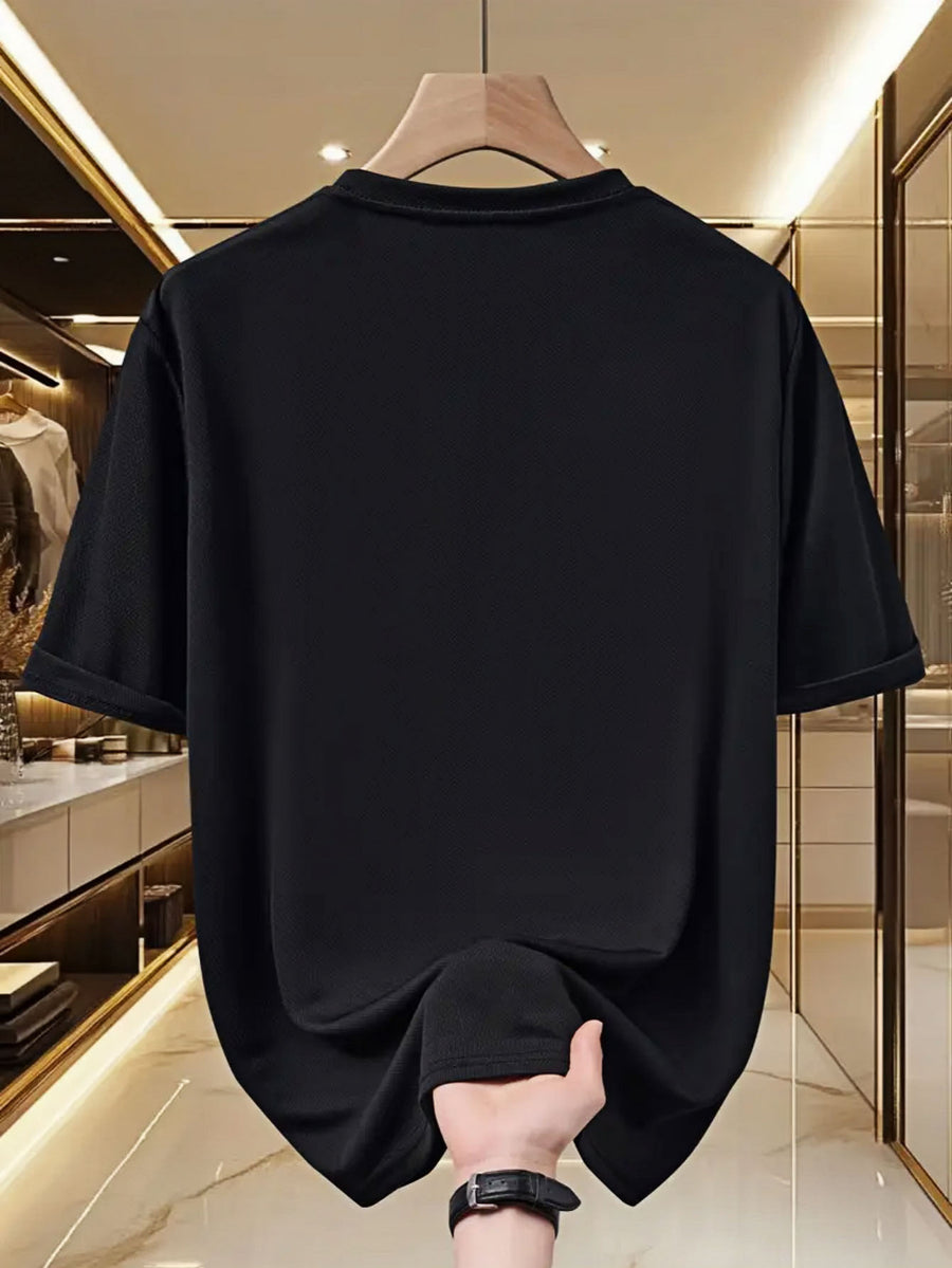 [Triple Print Detail] Front And Double Sleeve Synchronized Print Barcelona Fan Black Golden Striped Contrast Athletic Style Short Sleeve T-Shirt | Badge Line Print Round Neck Top Men'S Loose All-Match Summer Men'S Wear - Black