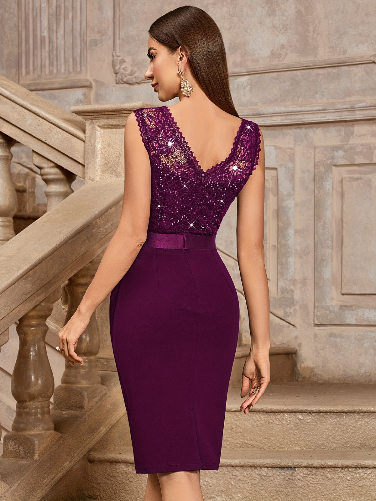 54456A Women's Elegant Round Neck V-Neck Backless Sleeveless Sequin Lace Wedding Party Bridesmaid Short Dress - Maroon
