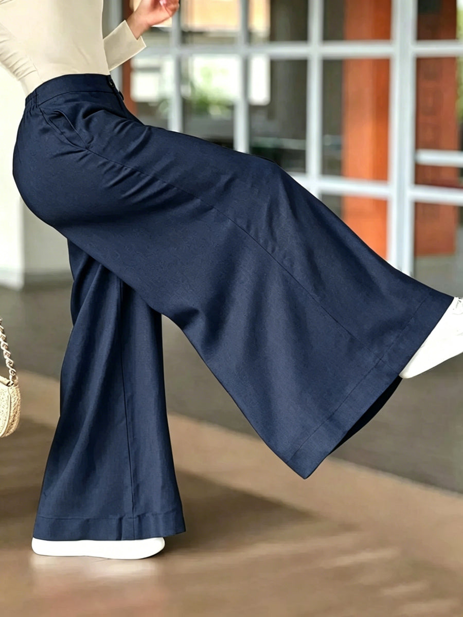 HMY High-Waisted Wide-Leg Pants for Women, Draped Suit Pants, Loose Fit Straight-Leg Floor-Length Casual Trousers + Tulan - Navy Color