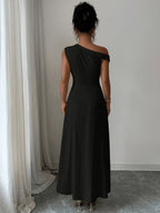 Summer Women's Black Asymmetrical One Shoulder Ruched Waist Maxi Dress, A-Line Flowy Elegant Dress for Wedding Guest, Party & Evening Wear - Black