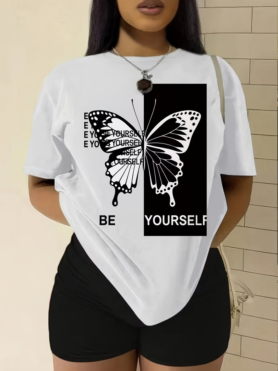Black And White Half-Color Block Frame Symmetrical Butterfly BE YOURSELF Inspirational English Short Sleeve Women'S Niche Ins Style Casual Commute All-Match Round Neck T-Shirt - White