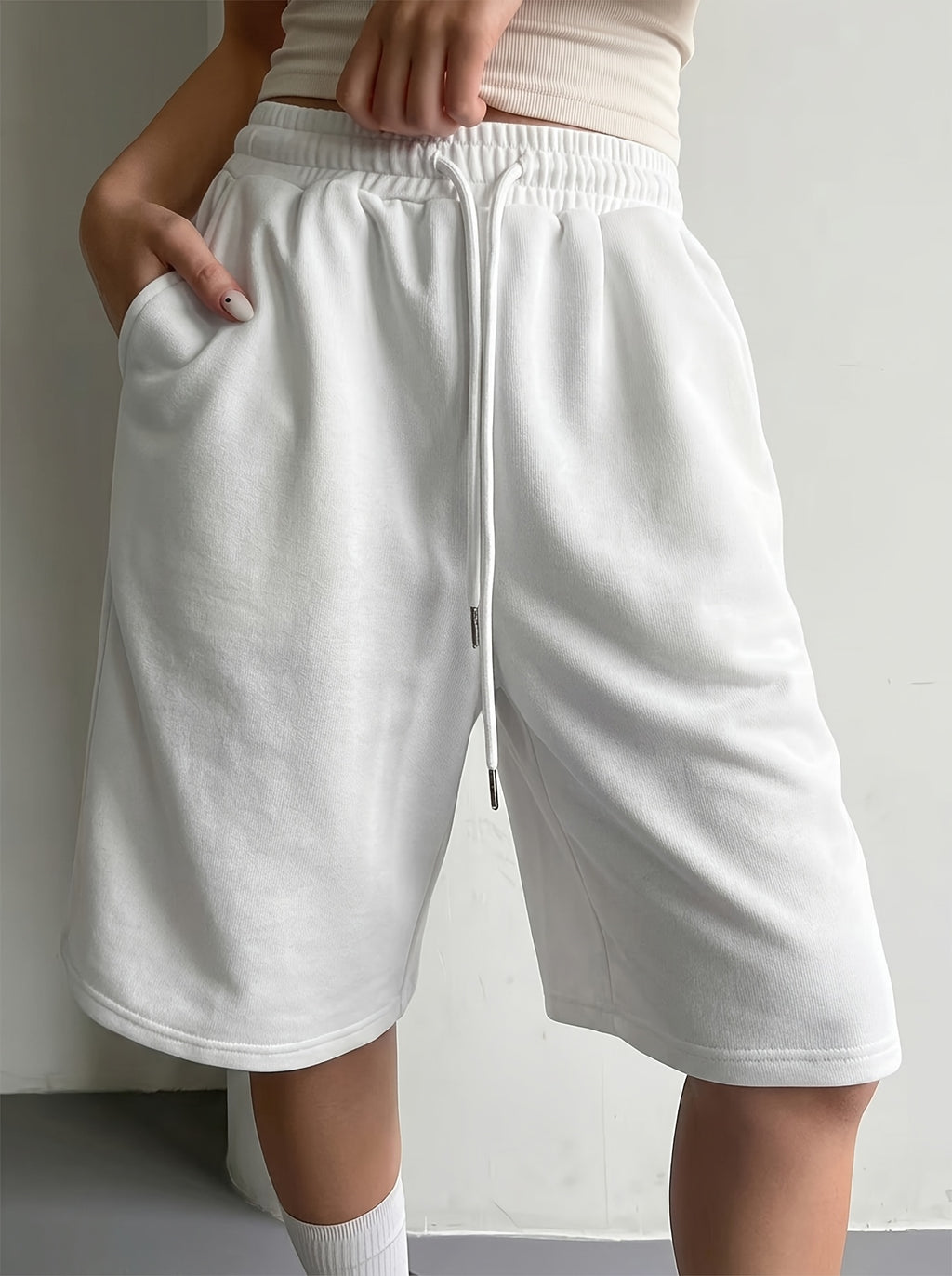 Women'S Elastic Waist Drawstring Tie Loose Bermuda Shorts, Casual Street Style, Women'S Summer - White