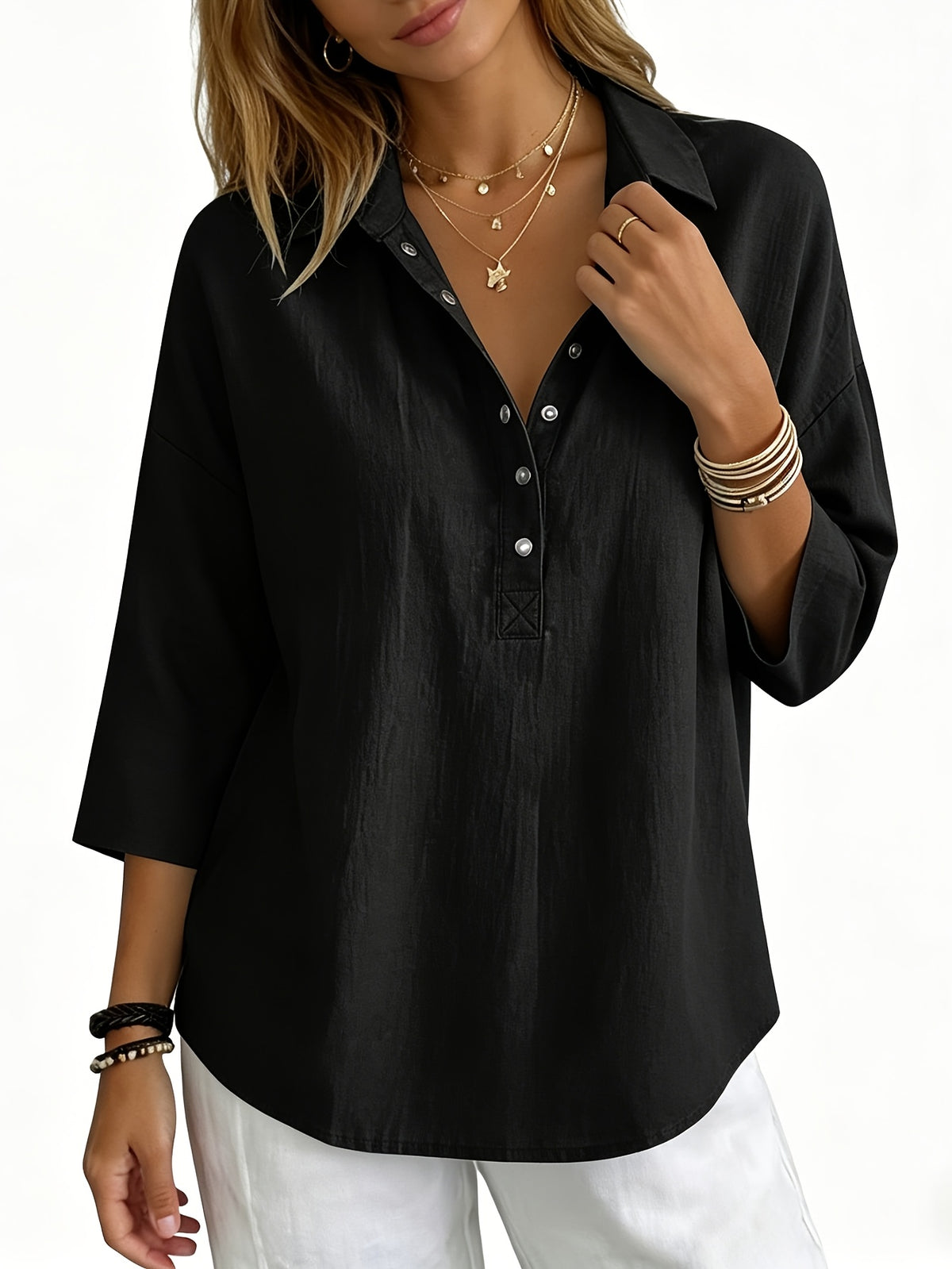 Women'S Elegant Comfortable 3/4 Sleeve Top, Fashionable Button-Up Basic Shirt, Loose Casual V-Neck Three-Quarter Sleeve T-Shirt - Black