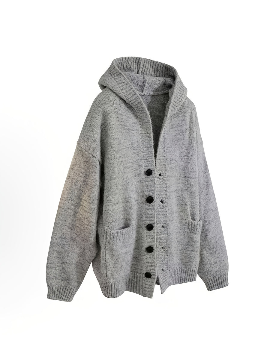 Retro Solid Color Single Button Hooded Cardigan Sweater, Loose Casual Style Versatile Outerwear Knit Top - Light Grey