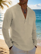 Men's Solid Color Henley Long Sleeve Shirt, Lightweight Breathable Casual Button Up Tops for Summer - Khaki