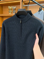 Autumn Winter Knit 3D Solid Round Neck Half-Zip Sweater, Basic Knit Pullover Top for Men, Fashionable Long Sleeve HJ - Blue