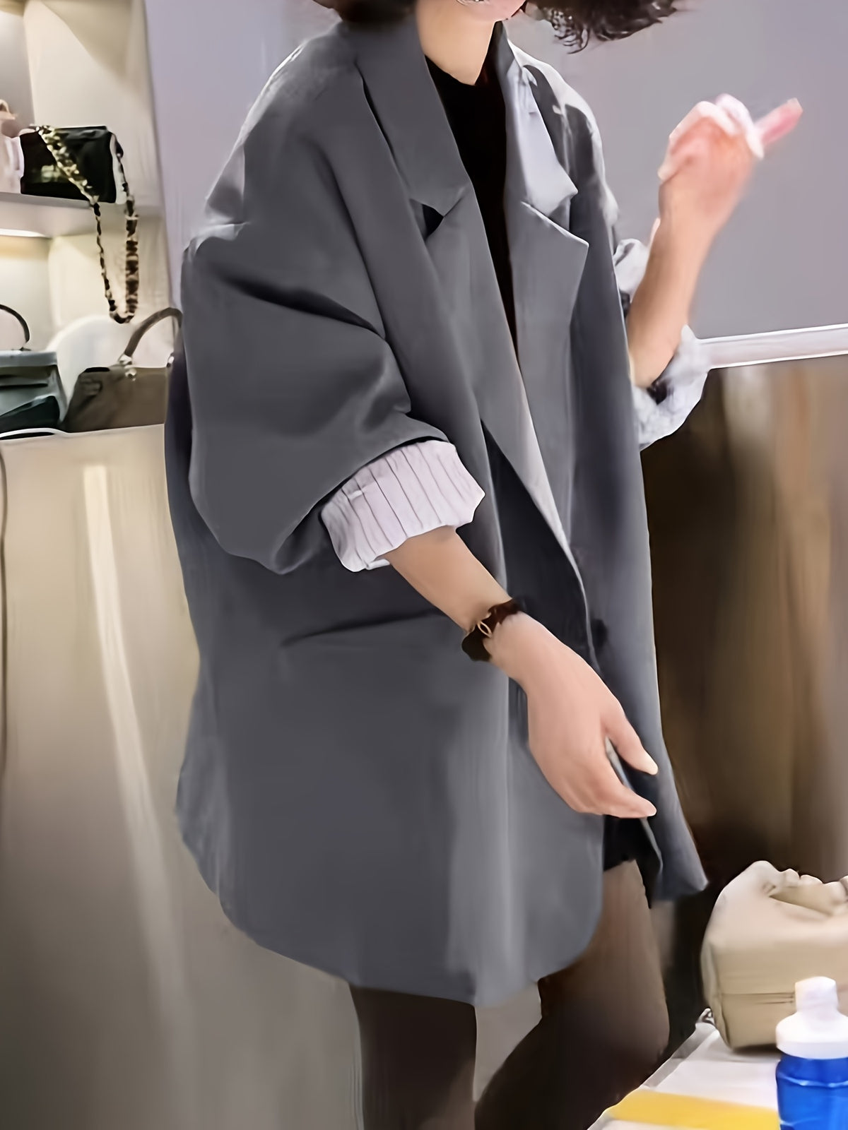Spring/Autumn New Women's Blazer, Loose-Fit Simple Solid Color Long-Sleeve Top - Dark Gray
