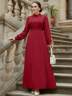 Middle Eastern Muslim Women's Elegant Solid Color Lapel Lace Patchwork Front Button Tie-Up A-Line Abaya Robe - Burgundy
