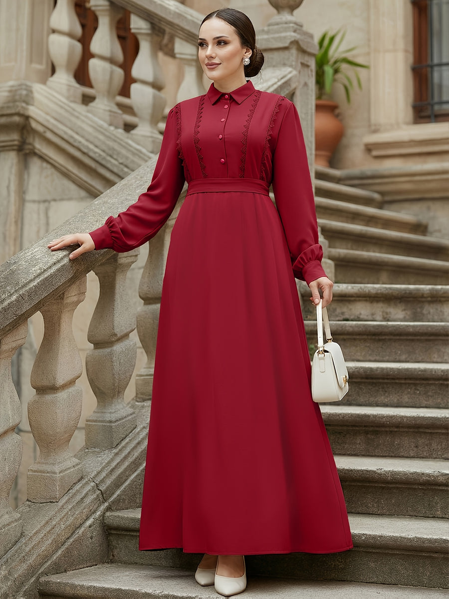 Middle Eastern Muslim Women's Elegant Solid Color Lapel Lace Patchwork Front Button Tie-Up A-Line Abaya Robe - Burgundy