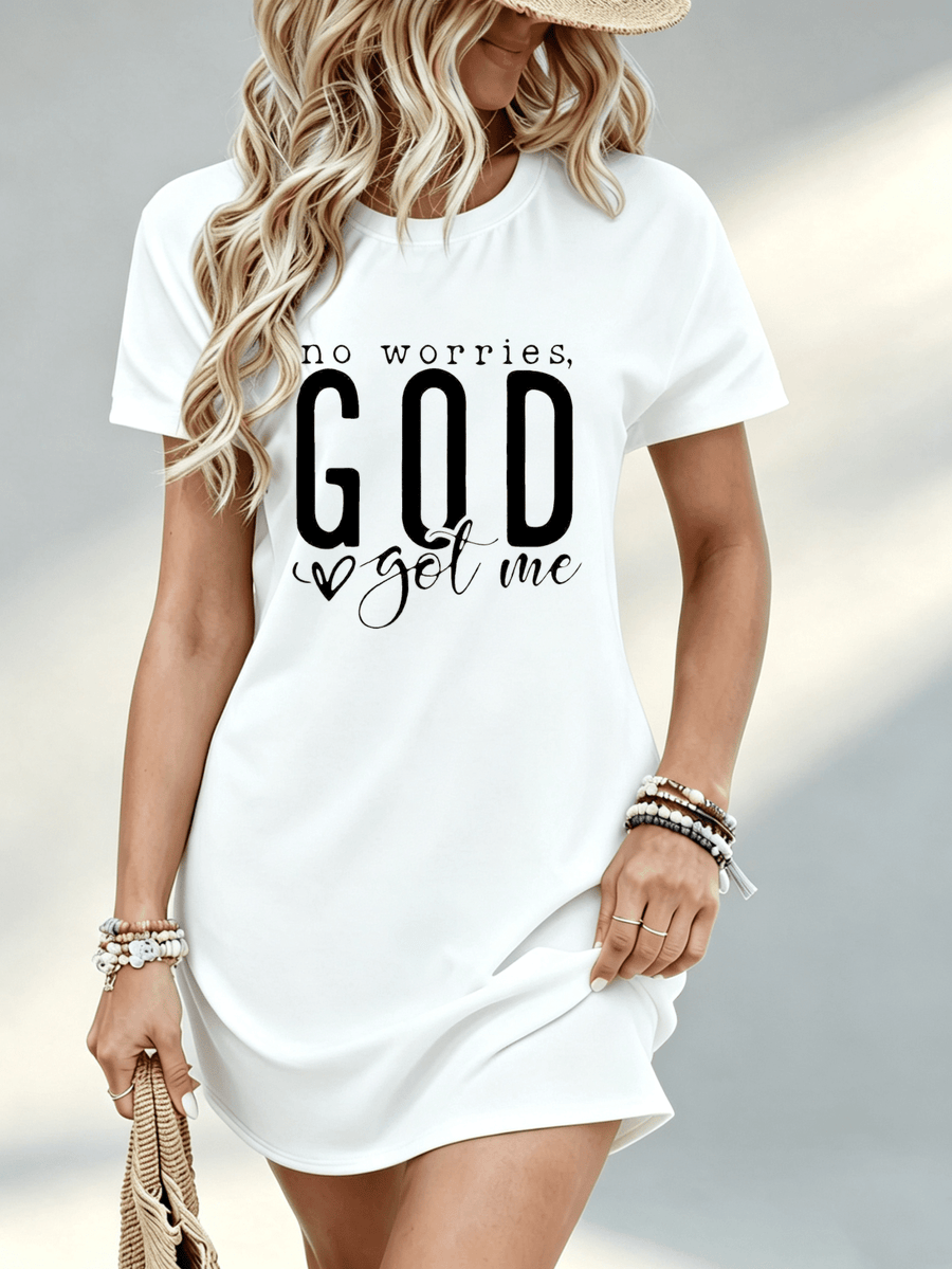 [Printed Design - Not Textured] Casual Women's Dress, No Worries God Got Me Letter Print, Beach Vacation, Gift for Women, 100% Polyester Fiber - White