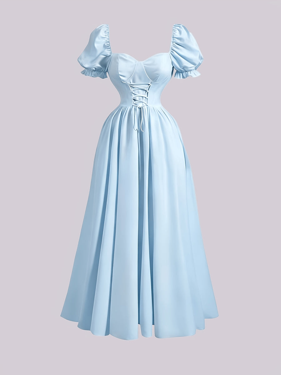Ladies' New Spring And Summer Elegant Floral Print Long Dress, Bubble Sleeve Design, Front Waist Tie, Back Waist Shirred Waist, Elegant And Flowing, Romantic Long Dress, Suitable for Daily Wear, Party Gatherings, Vacation Holidays - Solid Light Blue