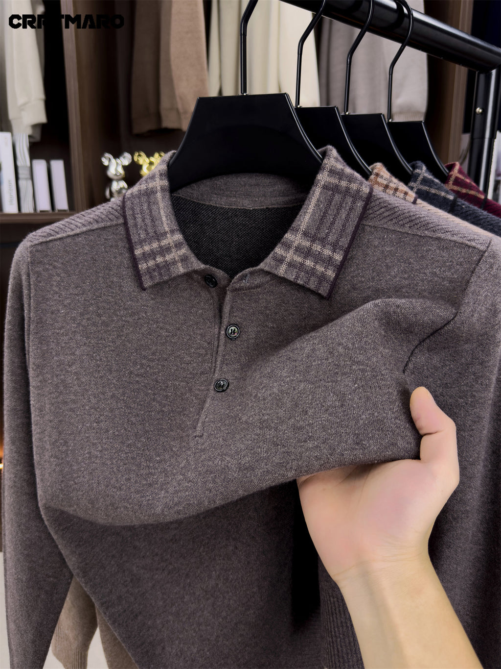 Cartmaro Autumn Winter Knit 3D Solid Color Lapel Sweater, Basic Thickened Pullover Top for Men, Fashionable Long Sleeve Knitwear - Light Grey