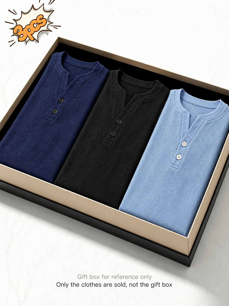 [Josh Mei Obm] 3pcs Men'S Waffle Henley Shirts Lightweight Breathable Button Neck Slim Fit Summer Tops for Beach Vacation Outdoor Casual Wear - Teal + Black + Blue