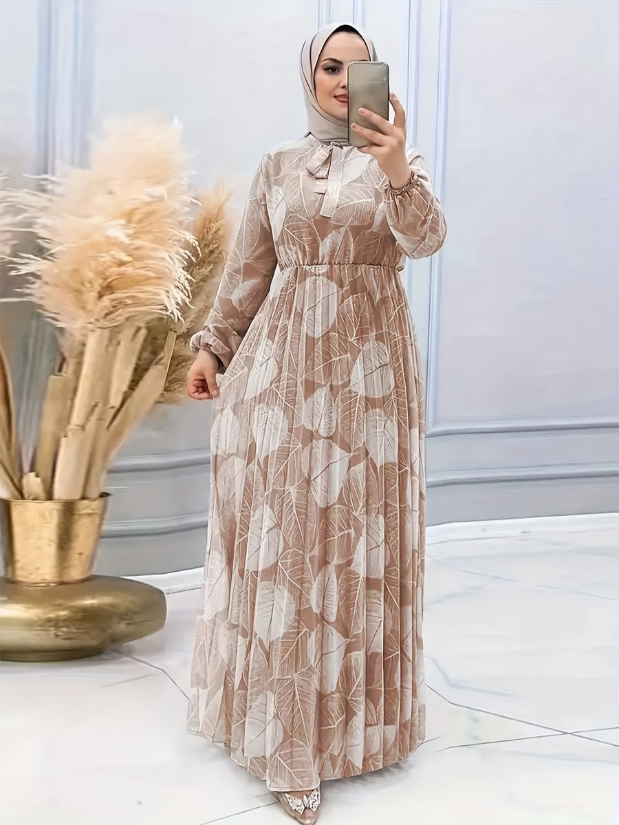 Ramadan Botanical Print Loose Easy Dress, Casual Long Sleeve Abayas Dress - Mixed-color