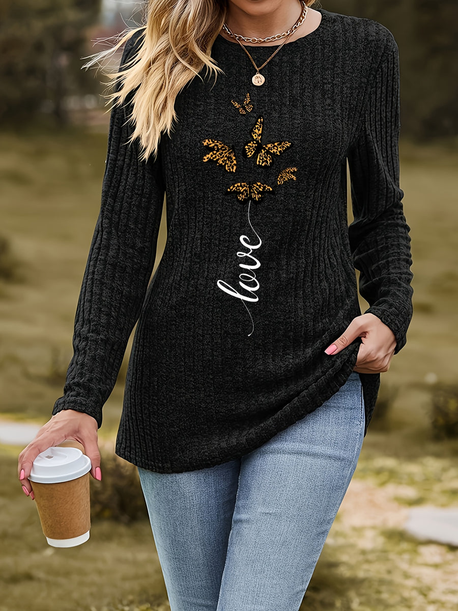New Autumn And Winter Round Neck Brushed Ribbed Butterfly Print Long Sleeve T-Shirt Base Layer - Black
