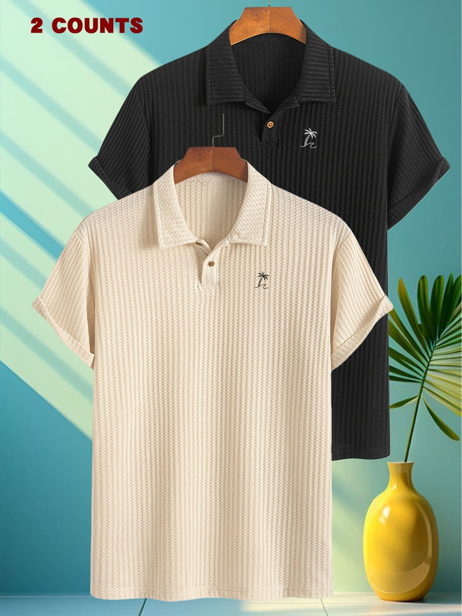 FM723 Palm Tree Print 2pcs Summer Men'S Textured Jacquard Short-Sleeved POLO Shirt Comfortable Casual Soft Knitted Lapel Daily Business Top Gift - Khaki + Black