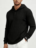 New Men'S Textured Jacquard Hooded Sweatshirt, Henley Button-Front Pouch Kangaroo Pocket Loose Stretch Long Sleeve Casual Top - Black