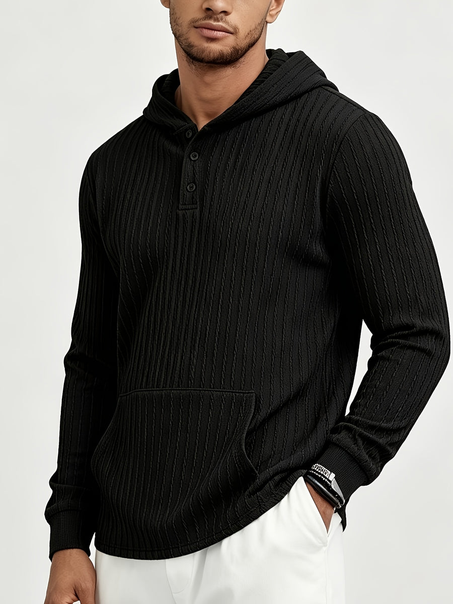 New Men'S Textured Jacquard Hooded Sweatshirt, Henley Button-Front Pouch Kangaroo Pocket Loose Stretch Long Sleeve Casual Top - Black