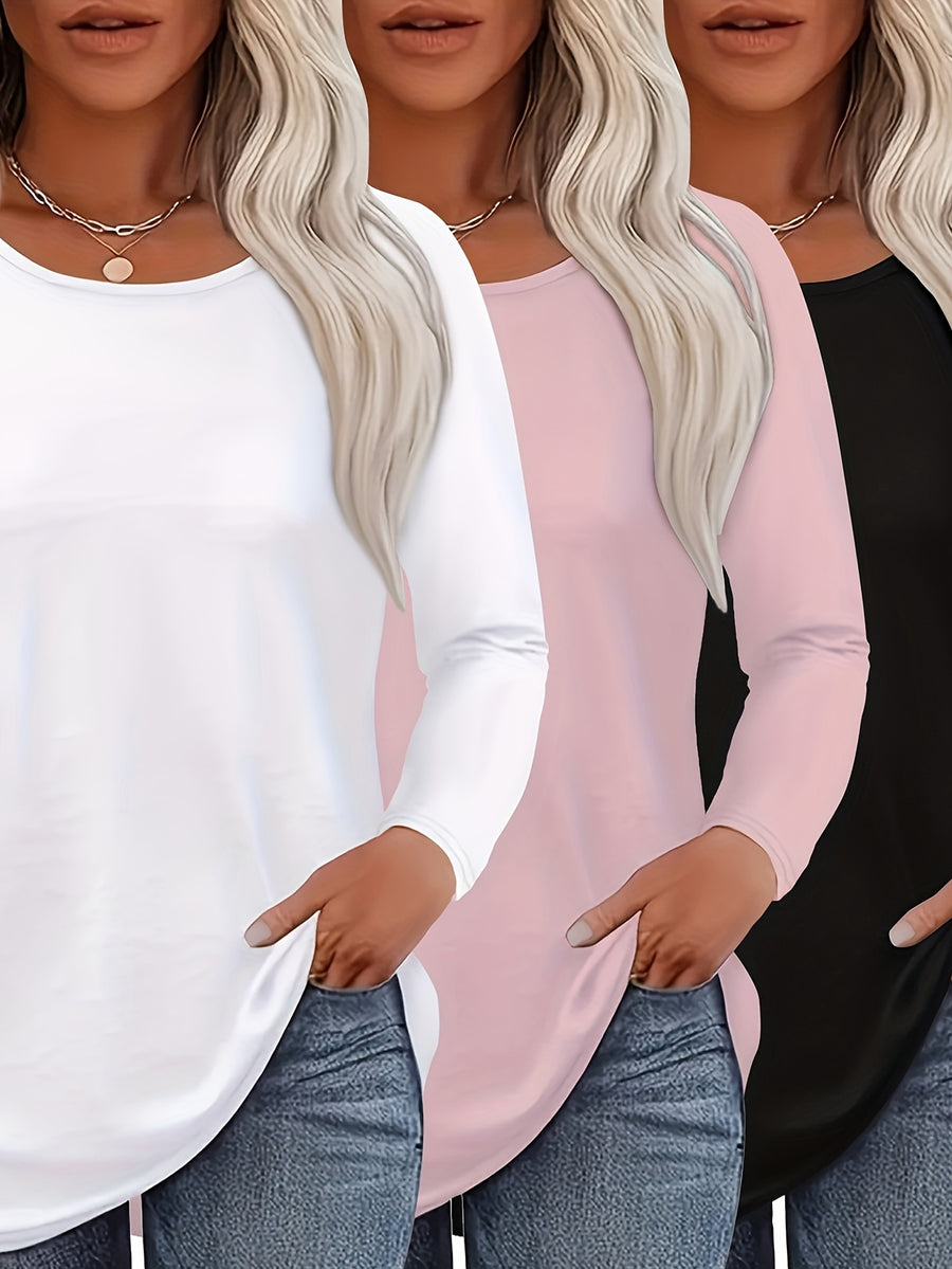 3pcs Long Sleeve Solid Color Women'S T-Shirts, Casual Holiday Outing Versatile Fall Winter Top Round Neck - 1 white + 1 black + 1 pink