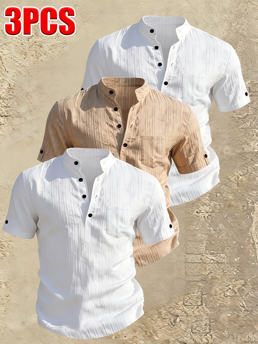 Men's Stand Collar Henley Short Sleeve Shirt 3pcs, Vertical Stripe Texture Half-Button with Pocket Top, Summer Breathable Casual Vacation 3pcs Versatile Men's Shirt Set - White + White + Khaki