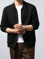 Men'S Lapel Full-Zip Long Sleeve Knit Jacket, Ribbed Cuffs And Hem, Autumn/Winter Style, Casual Commute Wear, Business Casual Style. - SINBOS - Black